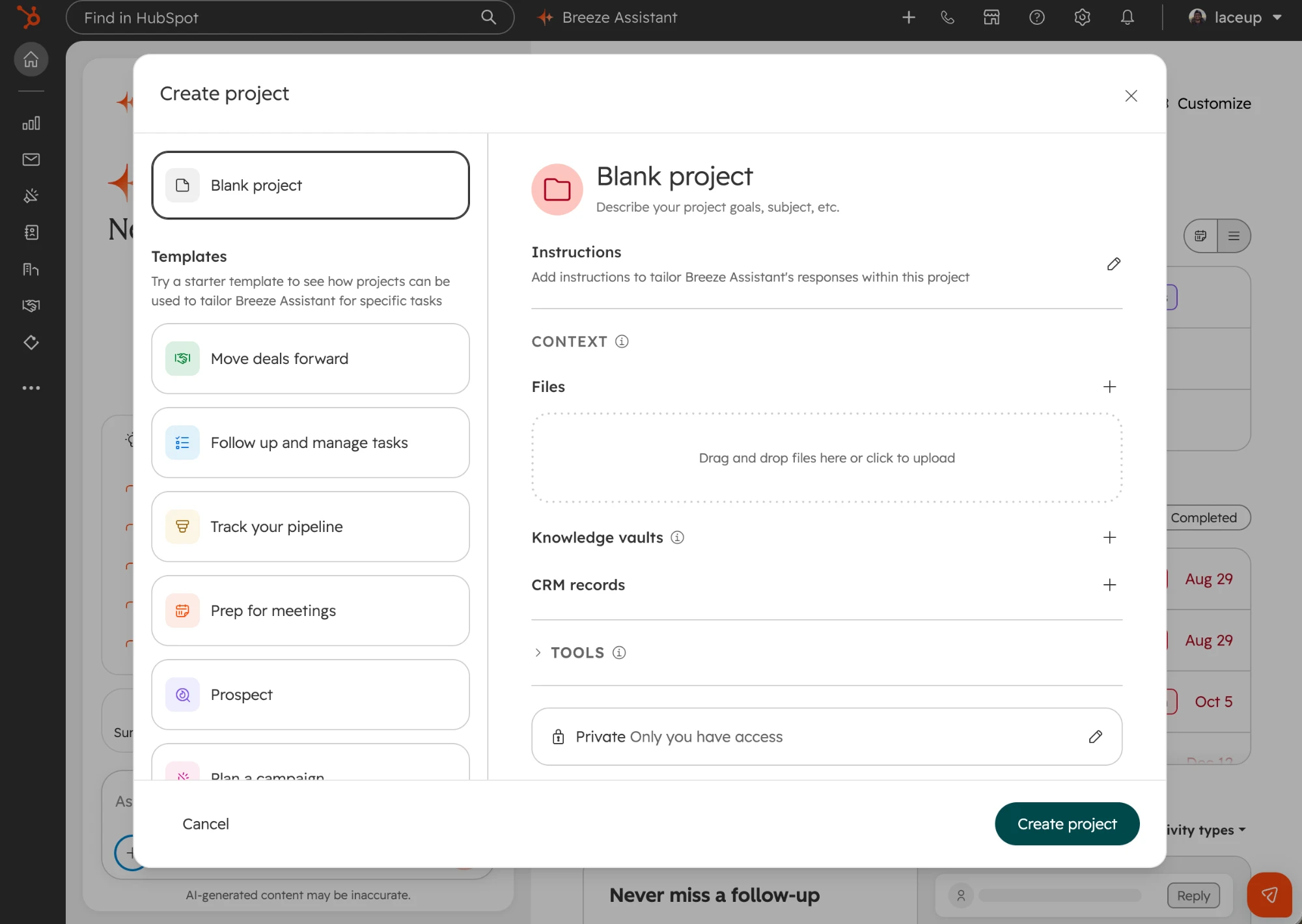 The V2 Create project modal: starter templates on the left, and files, knowledge vaults, CRM records and tools laid out on the right