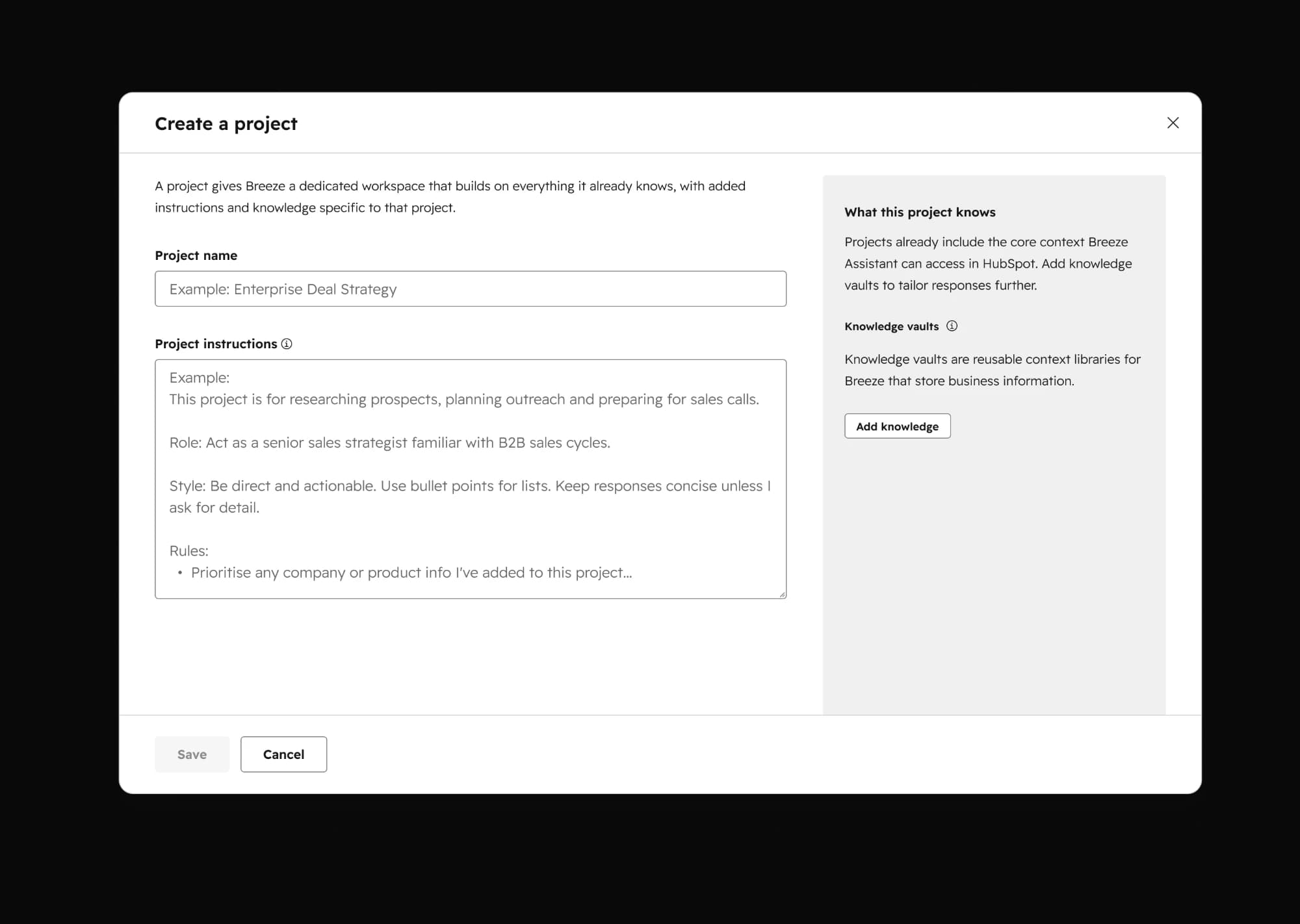 The v0 Create a project modal: a name field, one instructions box with a Role / Style / Rules example, and an optional Add knowledge button