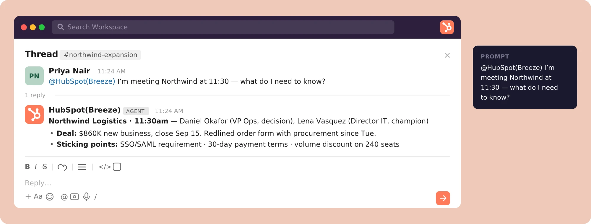 A Slack thread where a rep @mentions Breeze Assistant before a customer meeting and gets back the attendees, deal value, close date and open sticking points