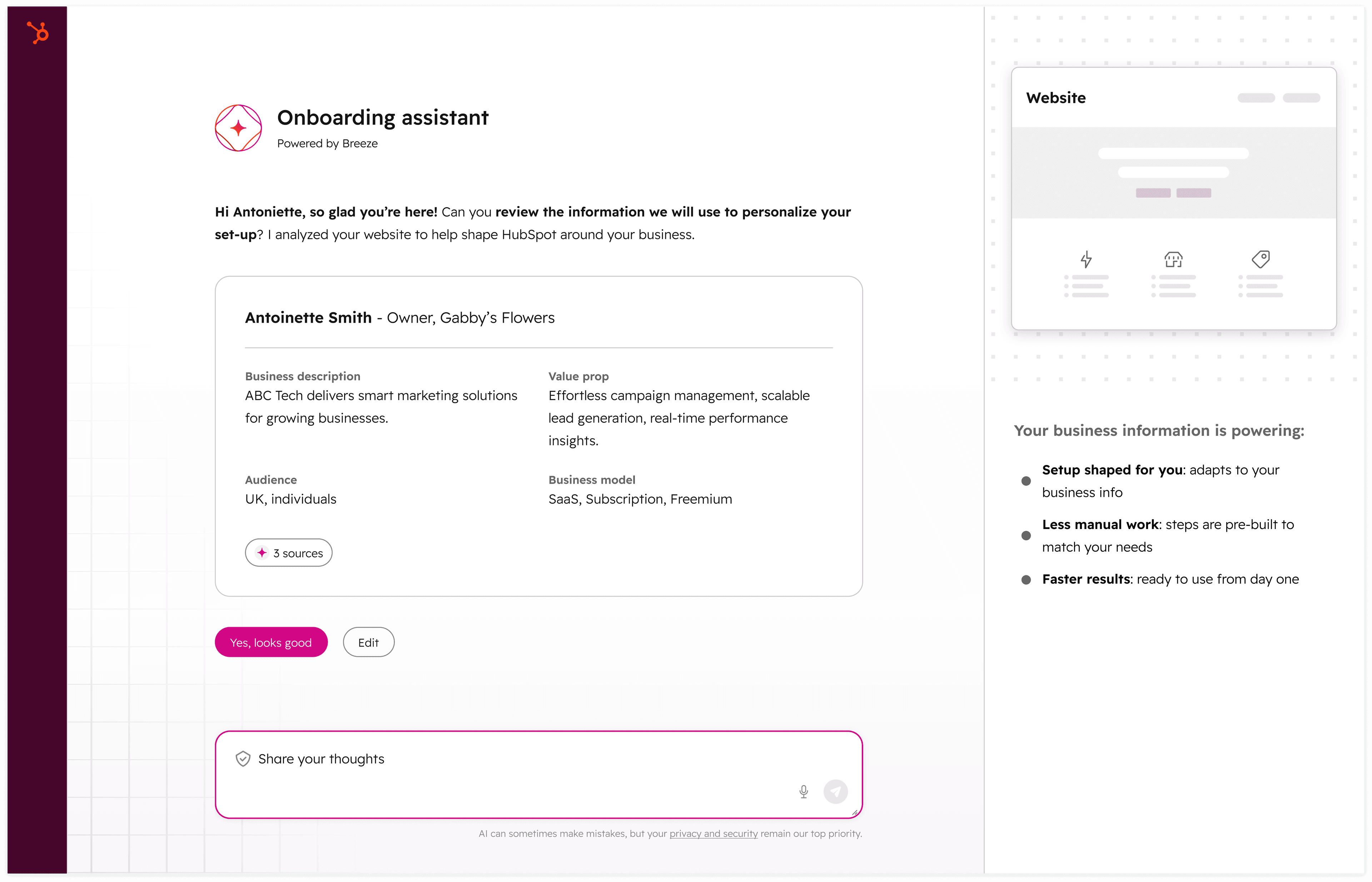The agentic intake - the agent analyses the customer's website and presents a pre-filled business profile for review and confirmation