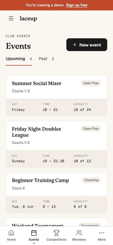 laceup mobile events list showing Summer Social Mixer, Friday Night Doubles, Beginner Training Camp