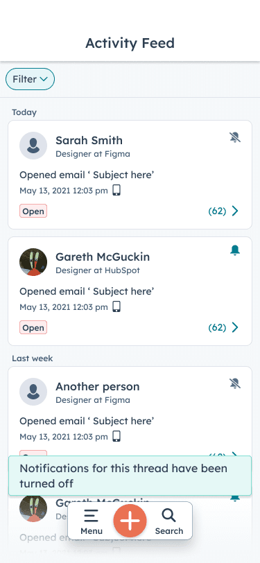 Activity Feed showing real-time email open notifications and prospect activity