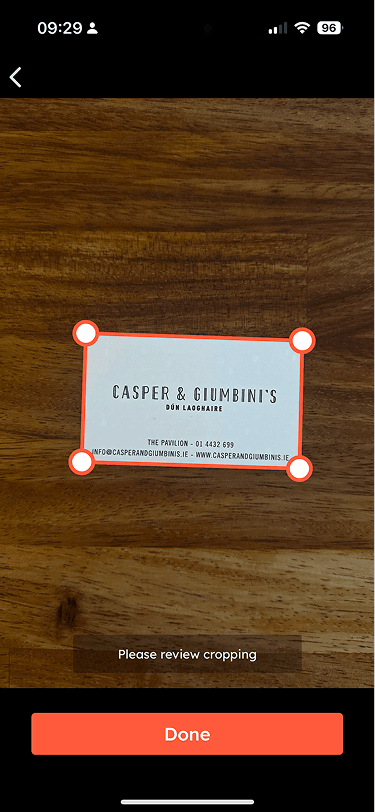 Business Card Scanner — camera view ready to scan a card