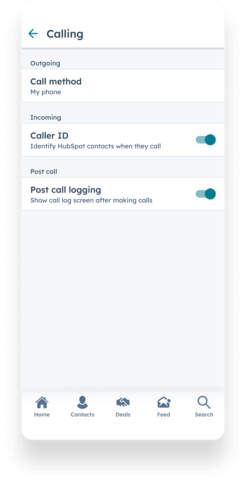 HubSpot mobile Calling settings showing the Caller ID toggle