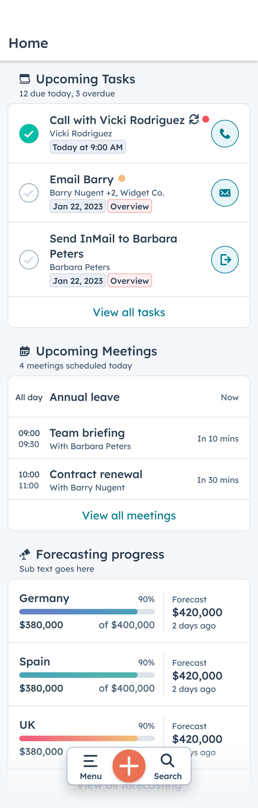 Today View home showing upcoming tasks, upcoming meetings, and forecasting progress